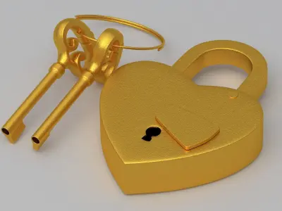Vintage Love Heart PADLOCK With SKELETON Keys Gold 3D model