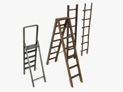 Ladder Collection four wooden ladders Low-poly 3D model