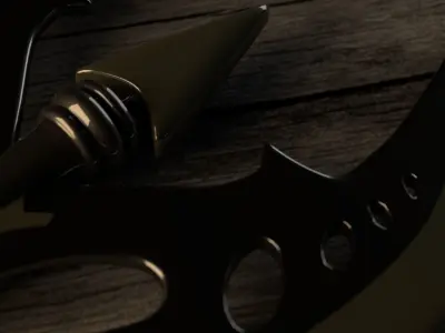 3D Axe gold sword on wooden table 3D model