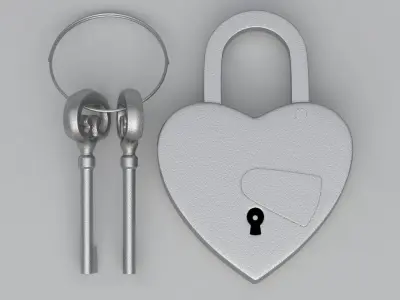 Vintage Love Heart PADLOCK With SKELETON Keys Silver 3D model