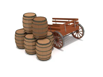 Rigged Wagon with Barrels Low-poly 3D model