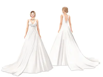 A Line Deep V Neck Corset Back Satin Ruched Wedding Dress Low-poly 3D model