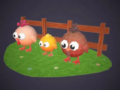 Cartoon Chicken Family Low-poly 3D model