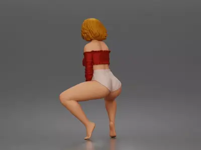 Playful dancer squatting low in offshoulder crop top and shorts 3D print model