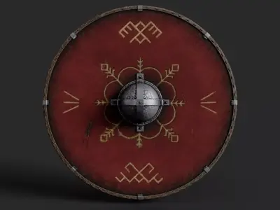 Slavic round leather shield-painted red with pagan symbol Low-poly 3D model