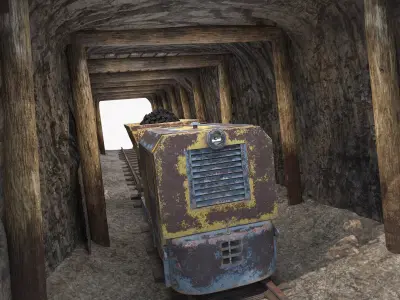 Mine Tunnel with Old Coal Cart Train 3D model