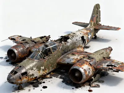 Realistic Wrecked Twin-Engine Military Jet 3D Model Low-poly 3D model
