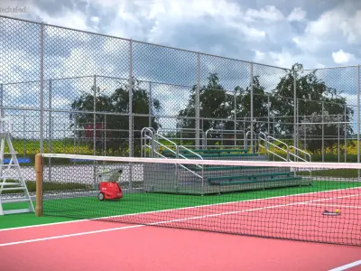 Tennis Court with Umpire Chairs and and Benches 3D model
