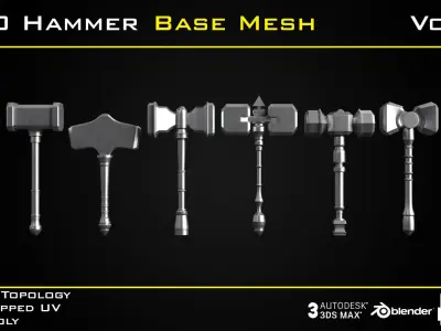 50 Hammer BASE MESH - VOL 02 Game Ready Low-poly 3D model