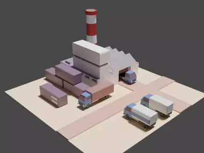 Industrial set factory with chimneys Low-poly 3D model