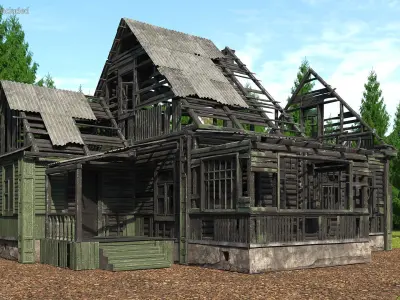 Burnt Wooden Down House Green 3D model