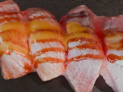 Sushi special Salmon and Tuna nigiri with teriyaki mango sauce 3D model