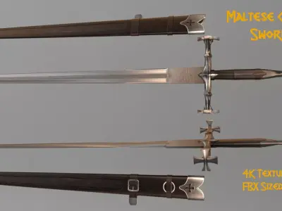 Sword Maltese Cross Medieval Two Handed With Sheath Low-poly 3D model