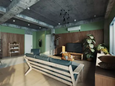 Modern Industrial Loft Living Room And Kitchen Scene 3D model