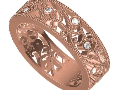 Antique Bezel Set Diamond and Art Deco Wedding Band 3D print model