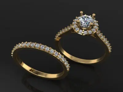 Diamond Halo Engagement Ring Set With Band 5mm 3D print model