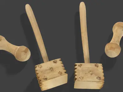 Wooden Kitchen Utensils - Meat Mallets and Rolling Pins Low-poly 3D model