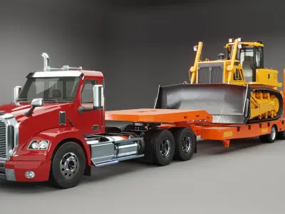 Generic Semi Truck and Low Loader Trailer with Bulldozer 3D model