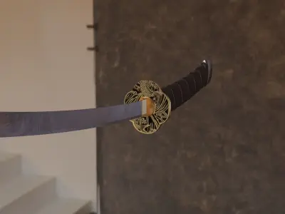 Katana sword flying in sky over city Free low-poly 3D model