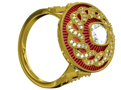 Filigree Art Deco Ruby Diamond Cushion Cut Diamond Ring 3D print model