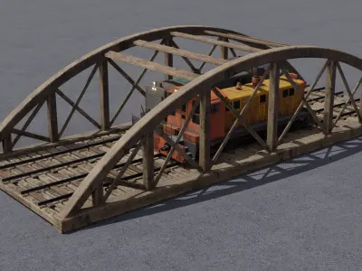 Old wooden bridge and locomotive 3D models Low-poly 3D model