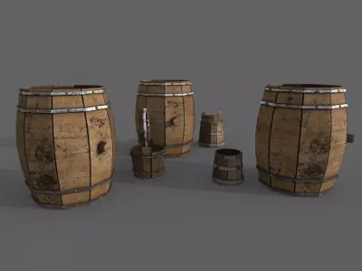 Barrel set of wooden barrels Free low-poly 3D model