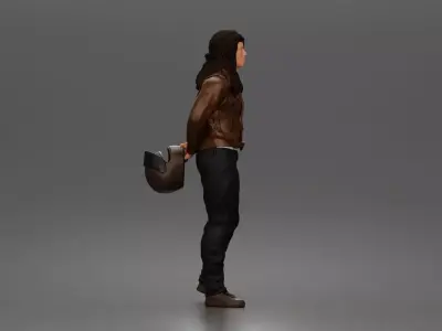 biker stands calmly holding helmet behind awaiting ride 3D print model