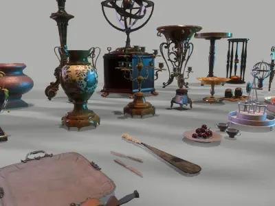 64 vintage props for home Low-poly 3D model