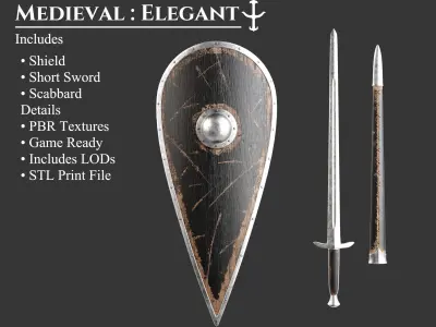 Medieval Collection Elegant Sword and Shield 3D Model Pack