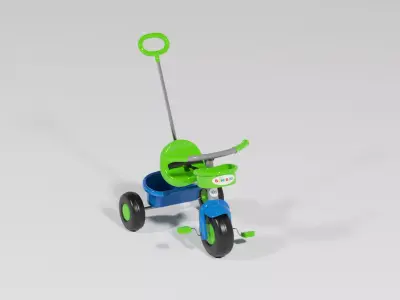 Blue and green plastic toy tricycle with handle for kids S Low-poly 3D model