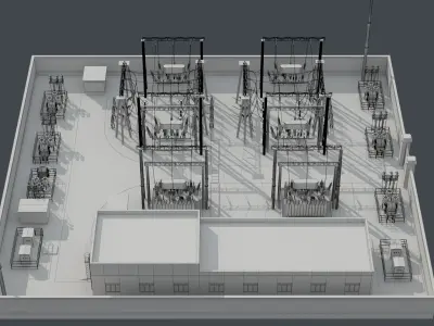 substation power station with wires and poles 3D model