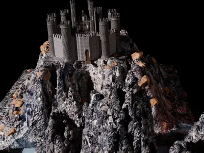 castle in mountains on water landscape view    Low-poly 3D model
