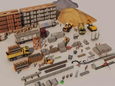 Construction site asset package vehicles  materials Low-poly 3D model