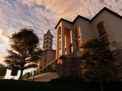 Classic great hall with tower 3d Model Low-poly 3D model