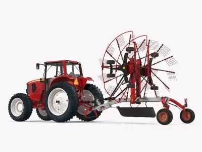 Tractor with Used Twin Rotary Rake Generic Parked 3D model