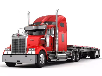 Kenworth W900 With the Flatbed Trailer 3D model