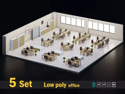 5 set low poly interior office Low-poly 3D model