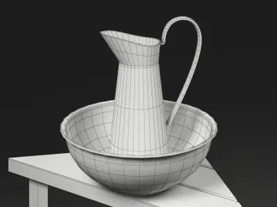 Old Enamel Jug and Wash Basin with Corner Table Low-poly 3D model