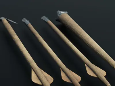 Four medieval arrows for a crossbow 3D model