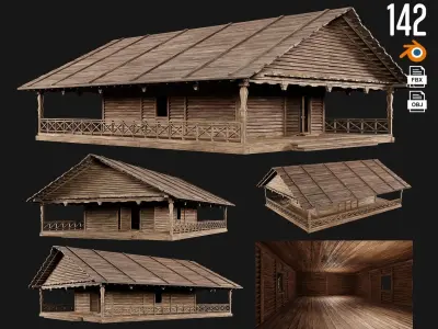 4 Old Wooden House Pack 4K Textures GameReady 141 to 144 Low-poly 3D model