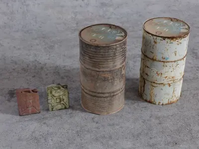 Jerrycans and barrels old and rusty Free low-poly 3D model