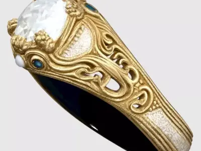 Royal Antique Style Gold Ring with Diamond and Sapphires 3D print model