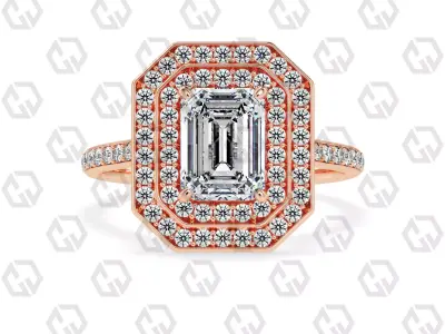 Ring 203 Emerald Shape Cathedral Double Halo pave set with Gems 3D print model