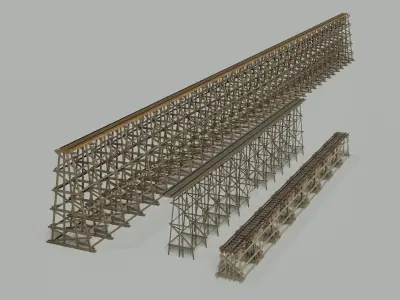 Locomotive and three bridge trestle complete materials PBR 3D Model Pack