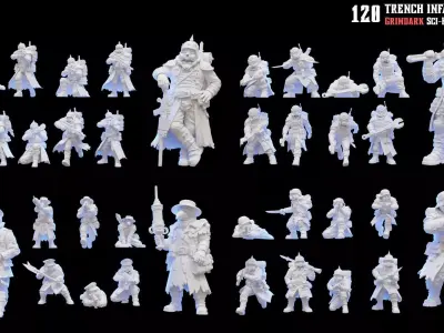 120 Grimdark Sci-Fi Miniatures - TRENCH INFANTRY SQUAD 3D print model