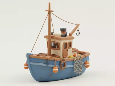 Stylized Classic Fishing Trawler Watercraft - ship 3D Model Low-poly 3D model