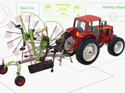 Tractor with Twin Rotor Rake Claas Liner 2700 Rigged 3D model