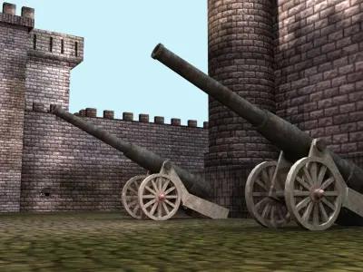 Castle cannons in courtyard of medieval 3D model