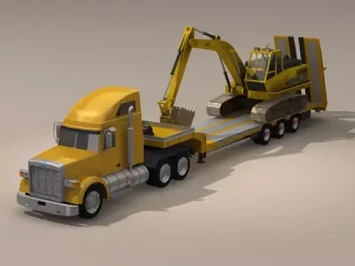 Truck with stepframe trailer and excavator 3D model