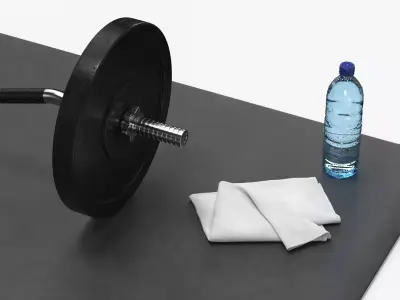 Strength Training Setup with Curved Barbell on Black Mat 3D model